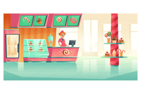Download Bakery and Candy Shop Interior with Cashier Behind Bar Counter - Baker Collection